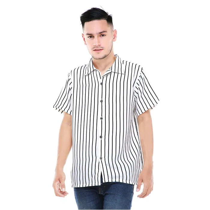 Hamlin Dwan Atasan Kemeja Pria Vertical Lines Casual Shortsleeve Shirt Material Cotton ORIGINAL - White