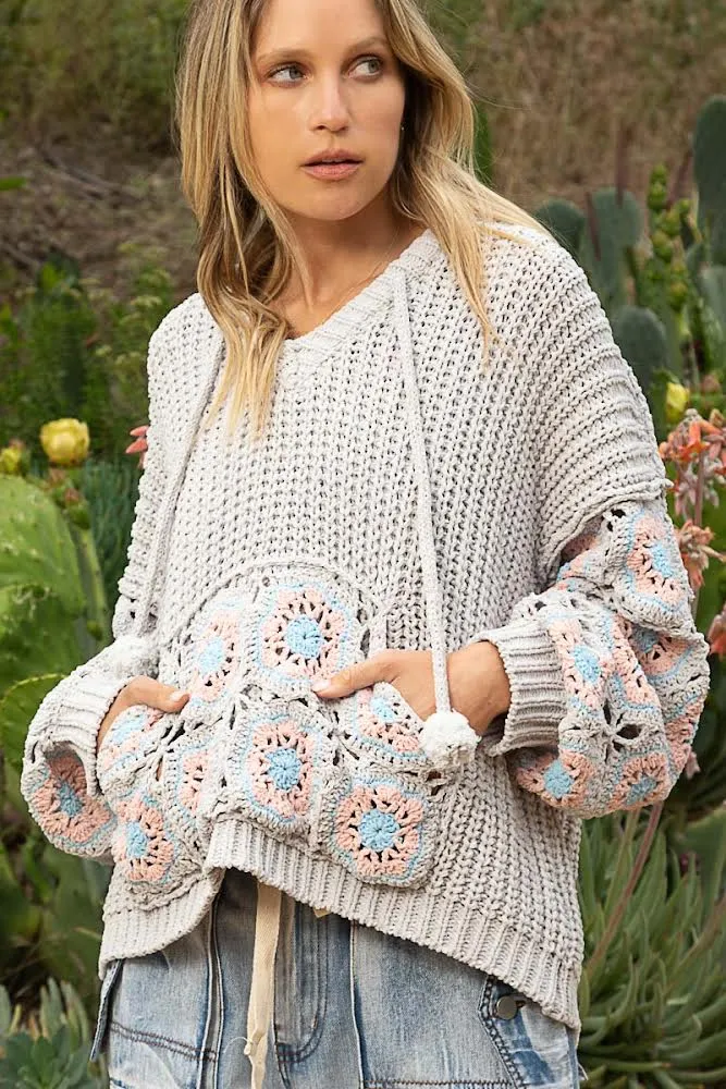 It Girl Hand Crochet Sleeve Pom Pom Tie Hoodie Sweater