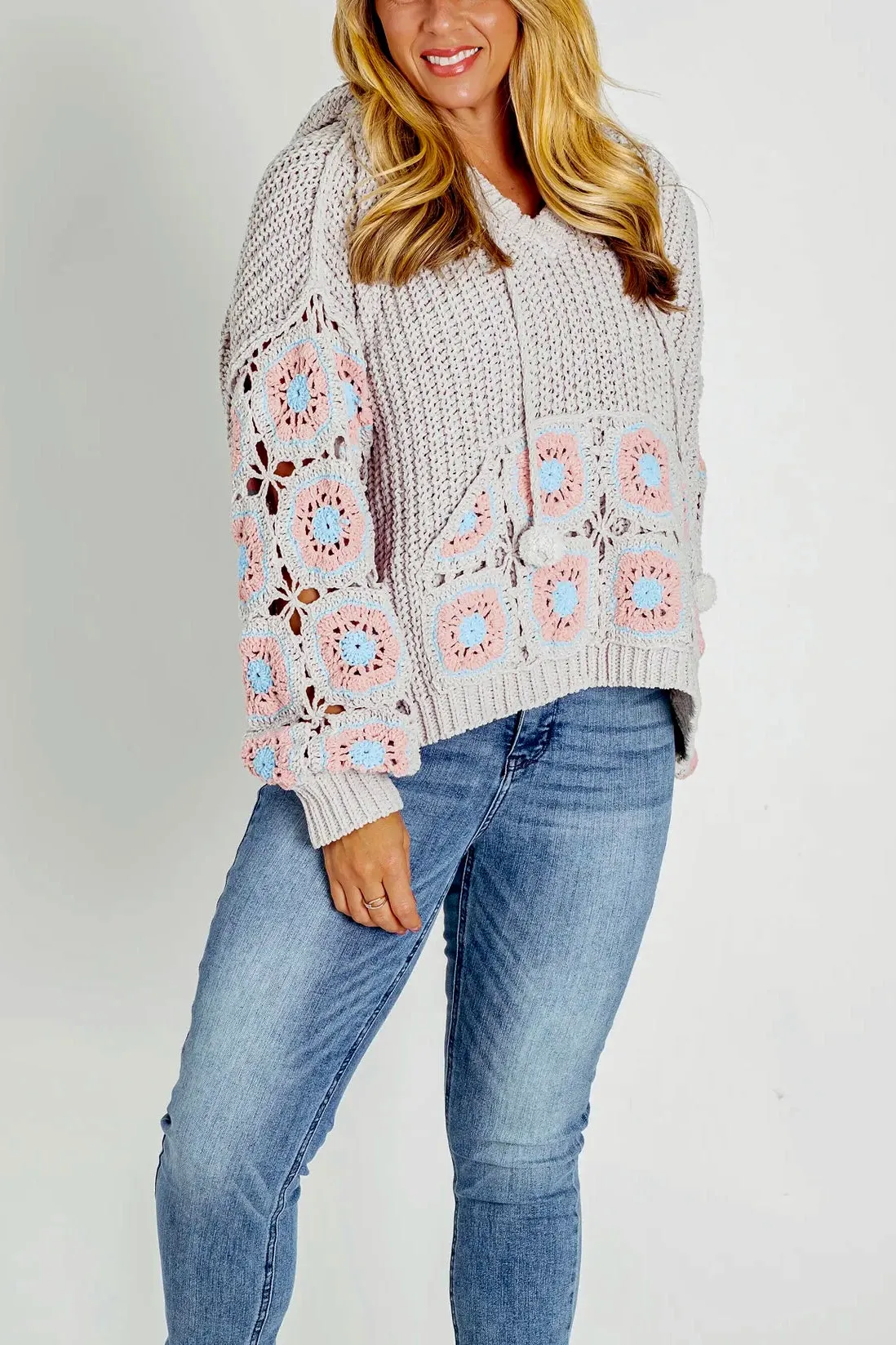It Girl Hand Crochet Sleeve Pom Pom Tie Hoodie Sweater