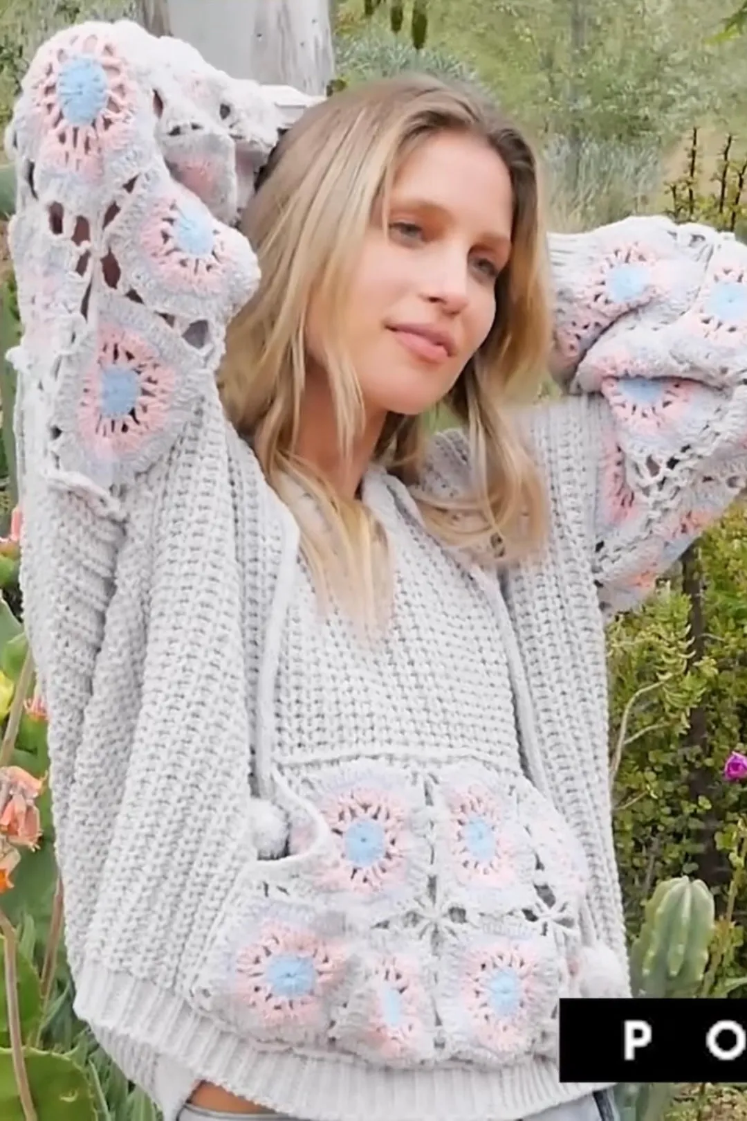 It Girl Hand Crochet Sleeve Pom Pom Tie Hoodie Sweater