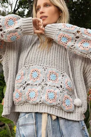 It Girl Hand Crochet Sleeve Pom Pom Tie Hoodie Sweater