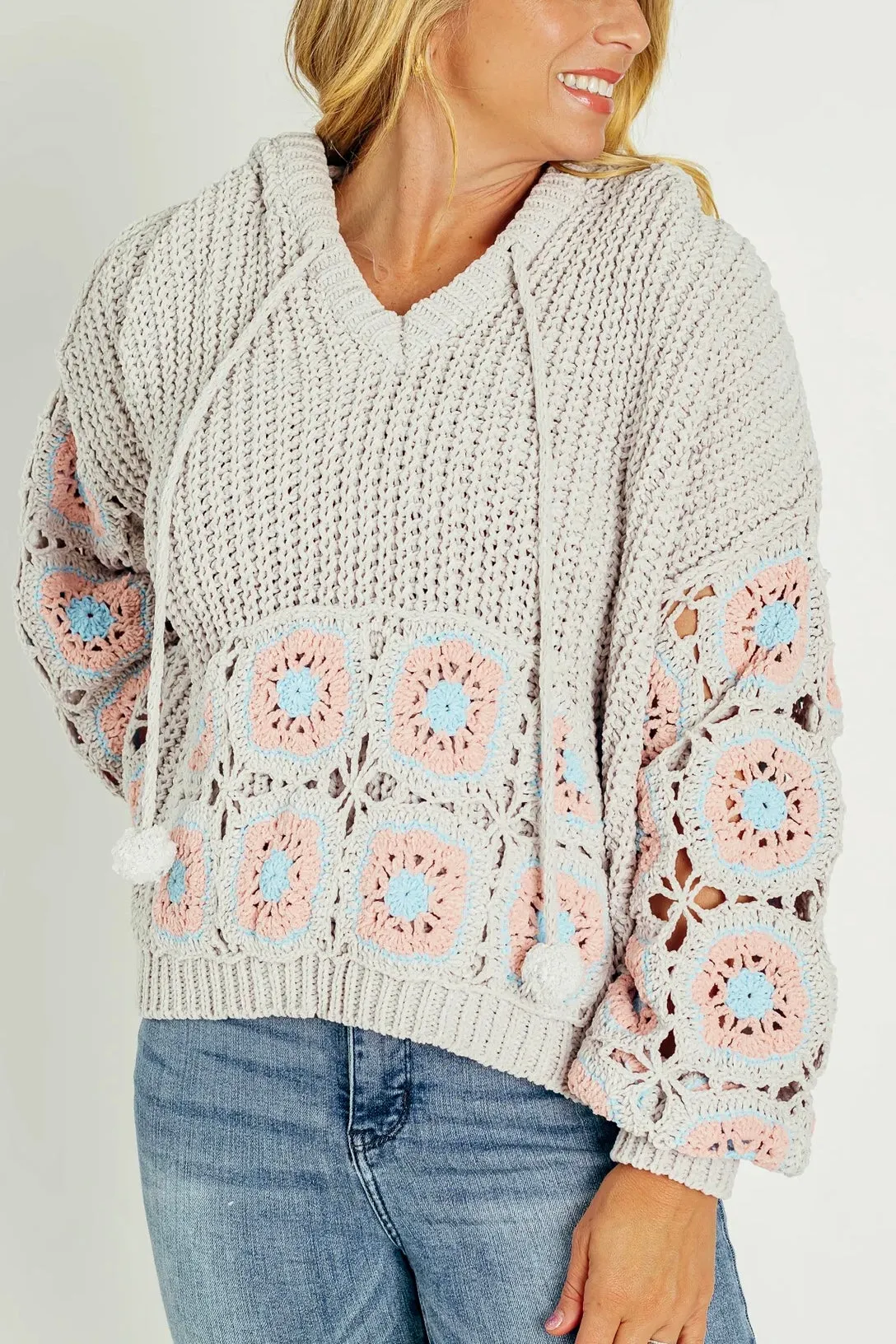 It Girl Hand Crochet Sleeve Pom Pom Tie Hoodie Sweater