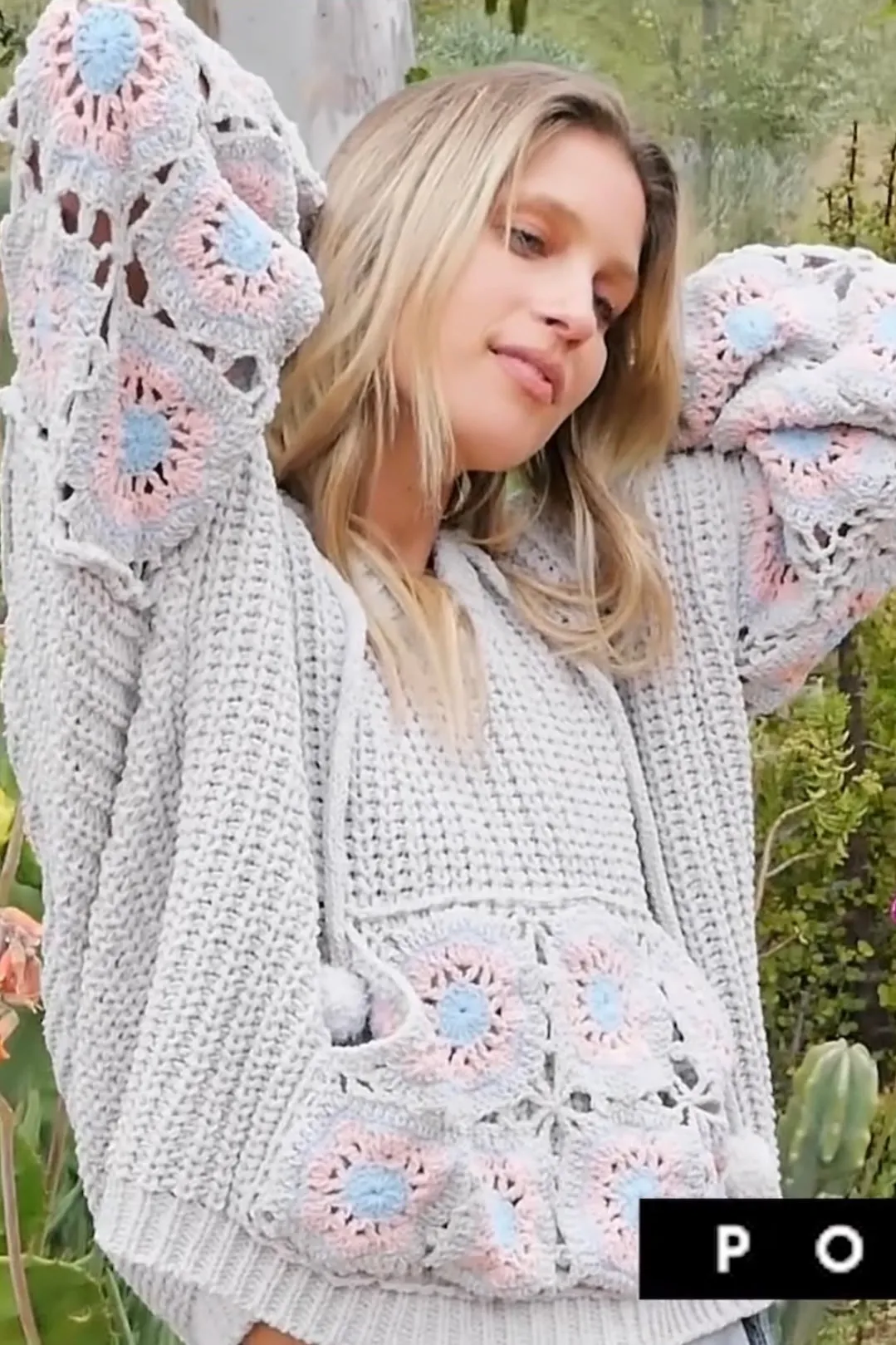 It Girl Hand Crochet Sleeve Pom Pom Tie Hoodie Sweater