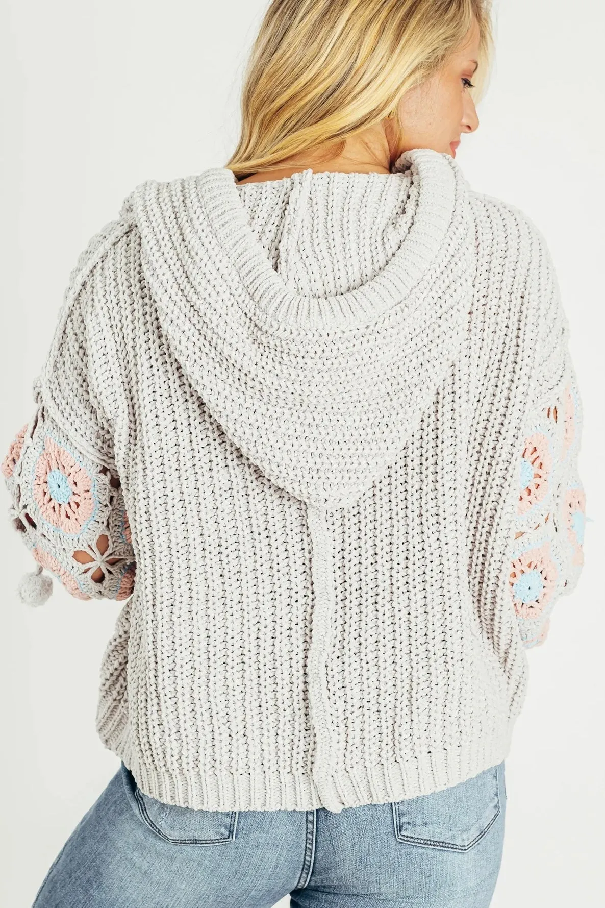 It Girl Hand Crochet Sleeve Pom Pom Tie Hoodie Sweater
