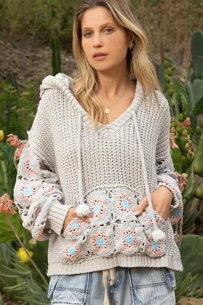 It Girl Hand Crochet Sleeve Pom Pom Tie Hoodie Sweater