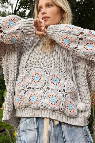 It Girl Hand Crochet Sleeve Pom Pom Tie Hoodie Sweater