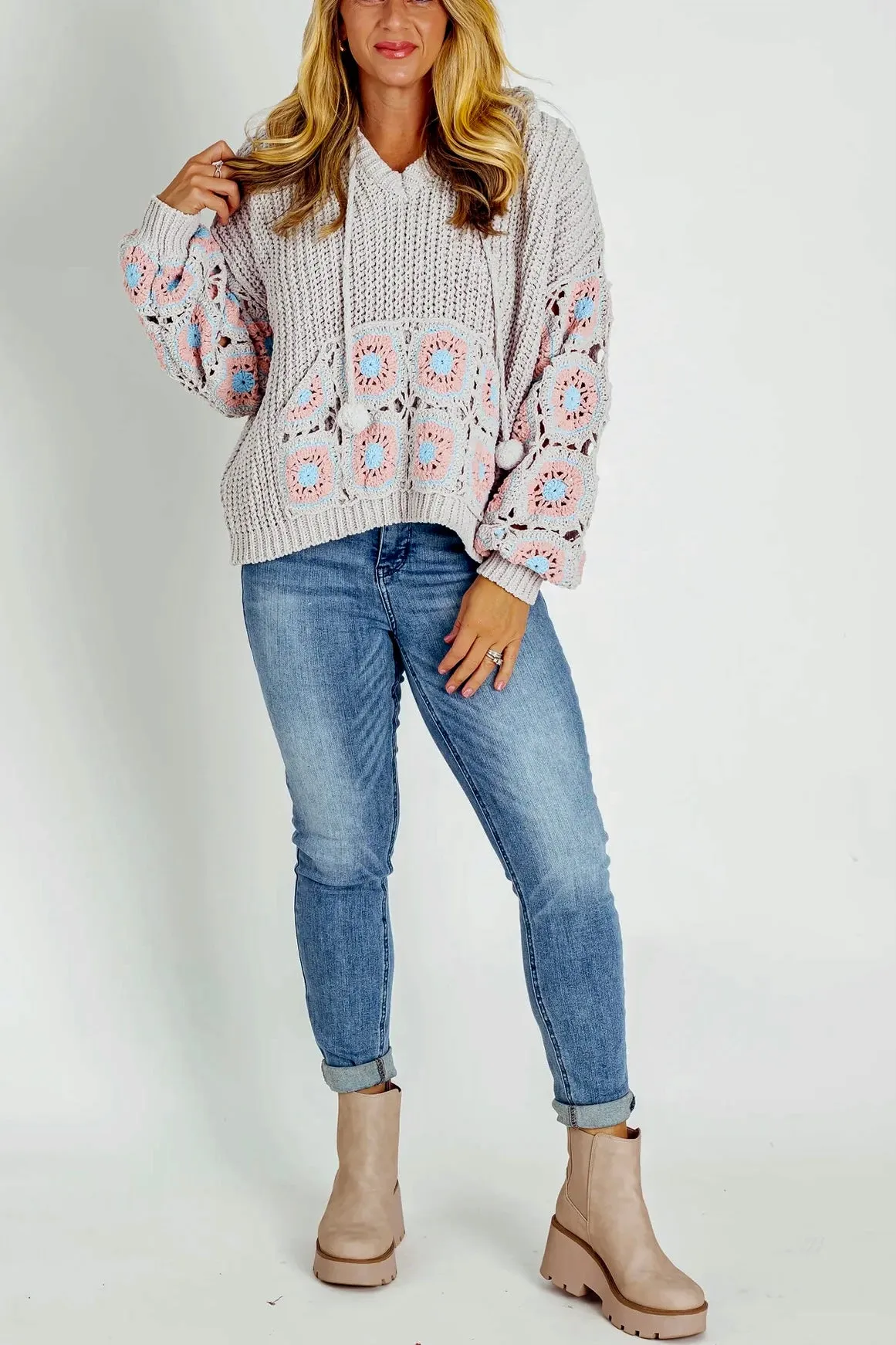 It Girl Hand Crochet Sleeve Pom Pom Tie Hoodie Sweater