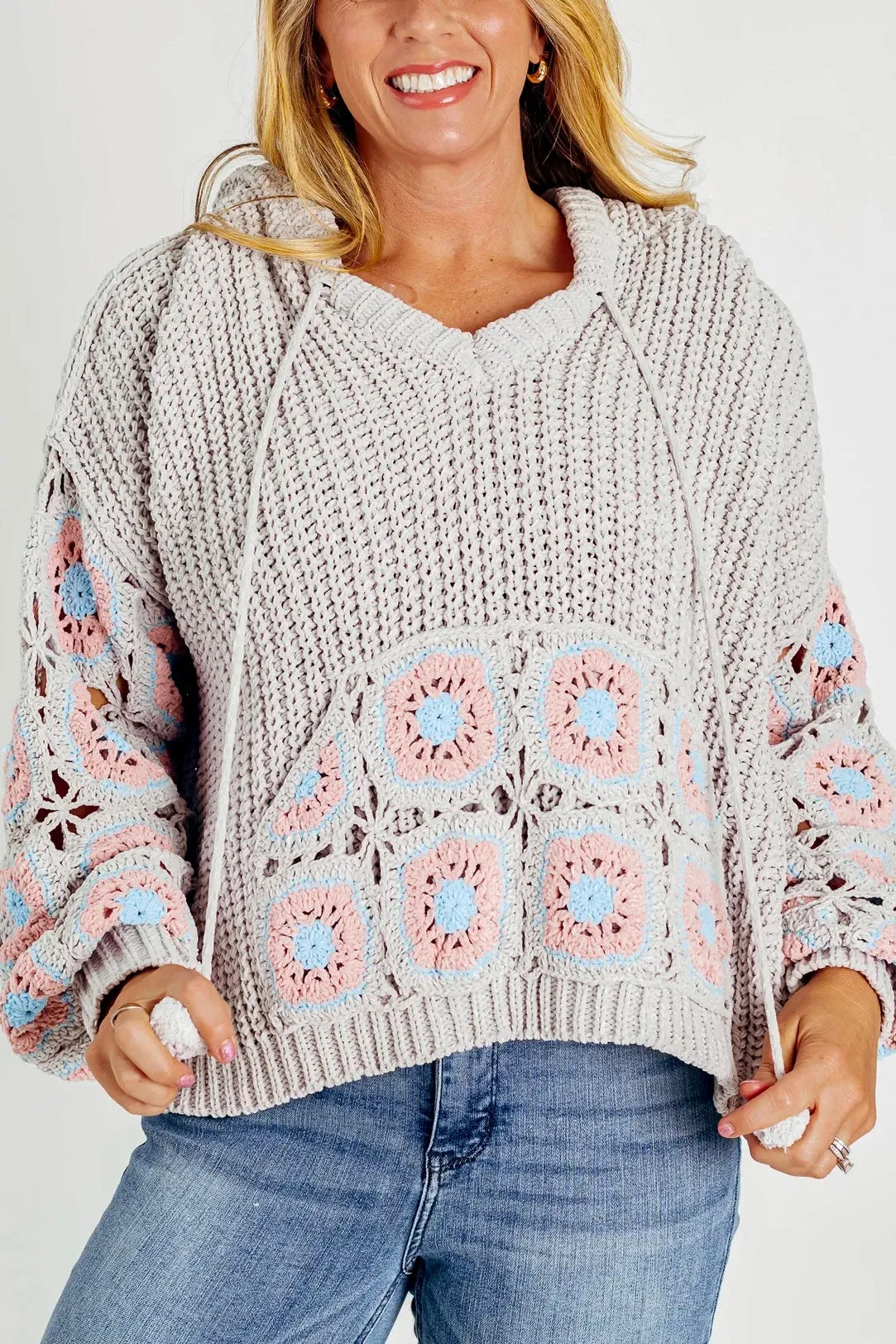 It Girl Hand Crochet Sleeve Pom Pom Tie Hoodie Sweater