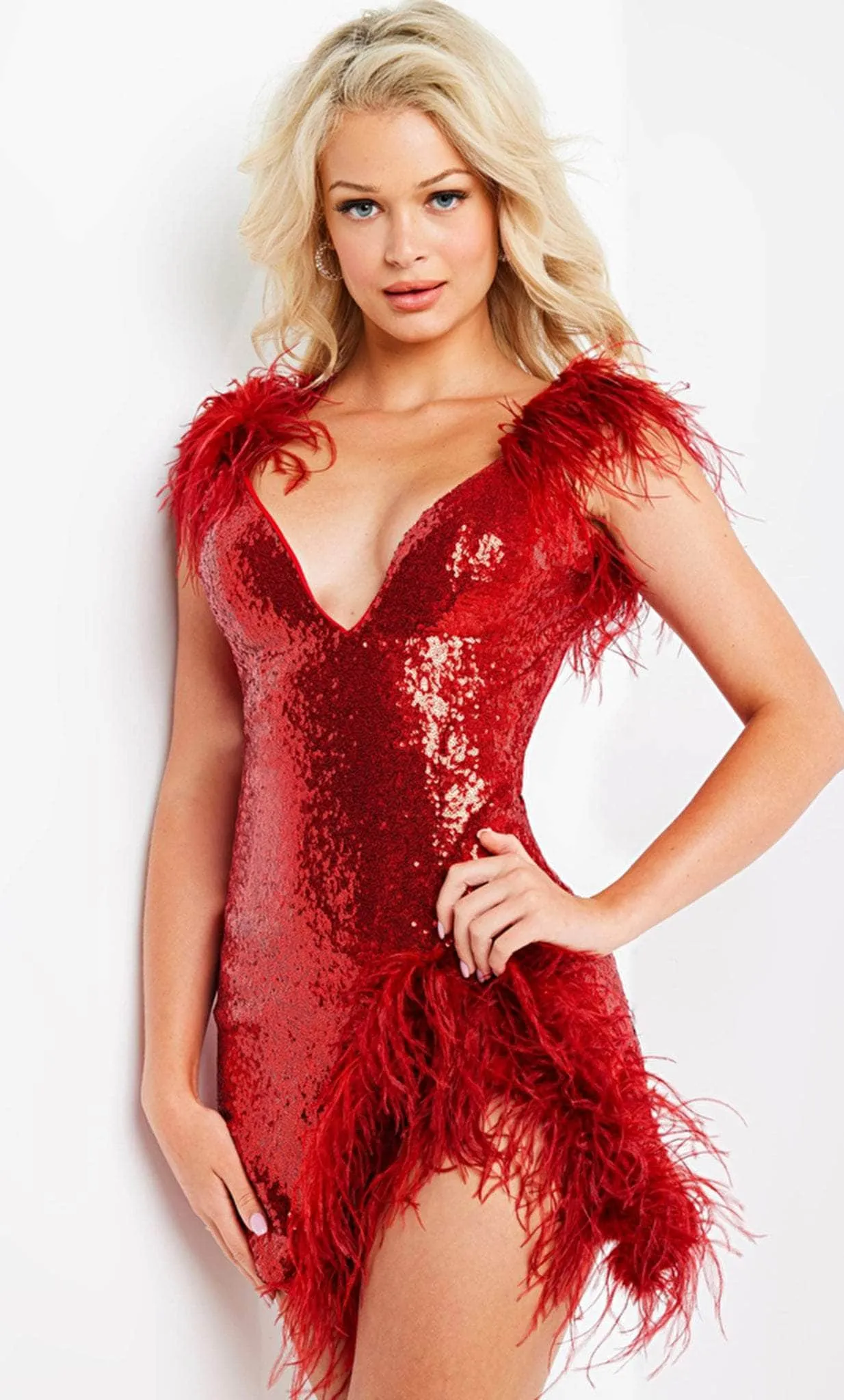 Jovani 23059 - Chic Deep V-Neck Flare Short Dress