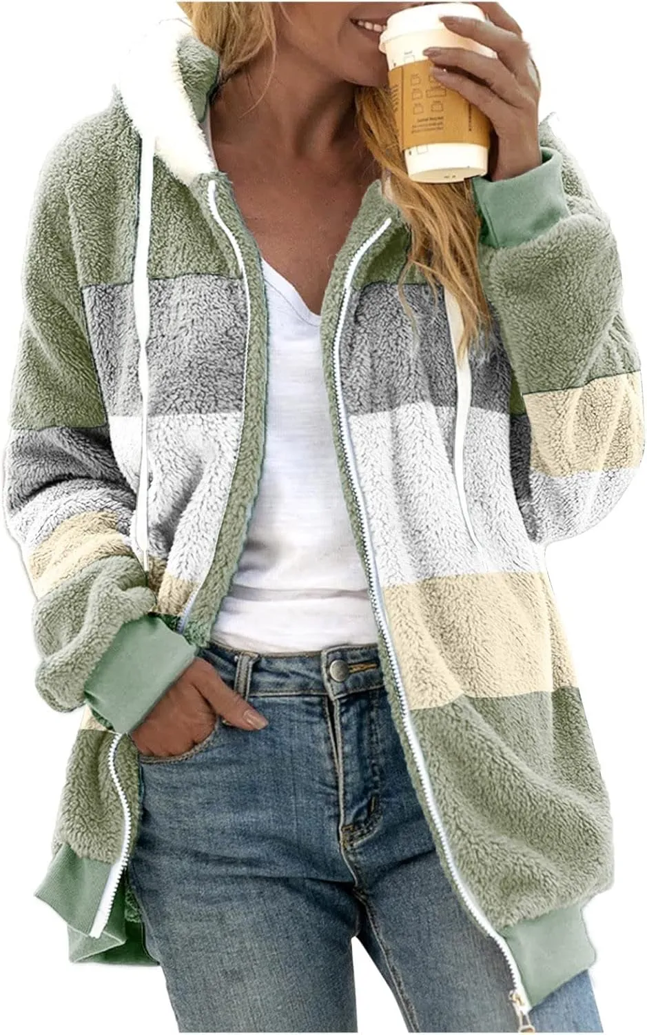 LCMTWX Womens Winter Fuzzy Fleece Jacket Color Artificial Wool Zipper Drawstring Long-Sleeved Hoodie Sweater Coat Hooded