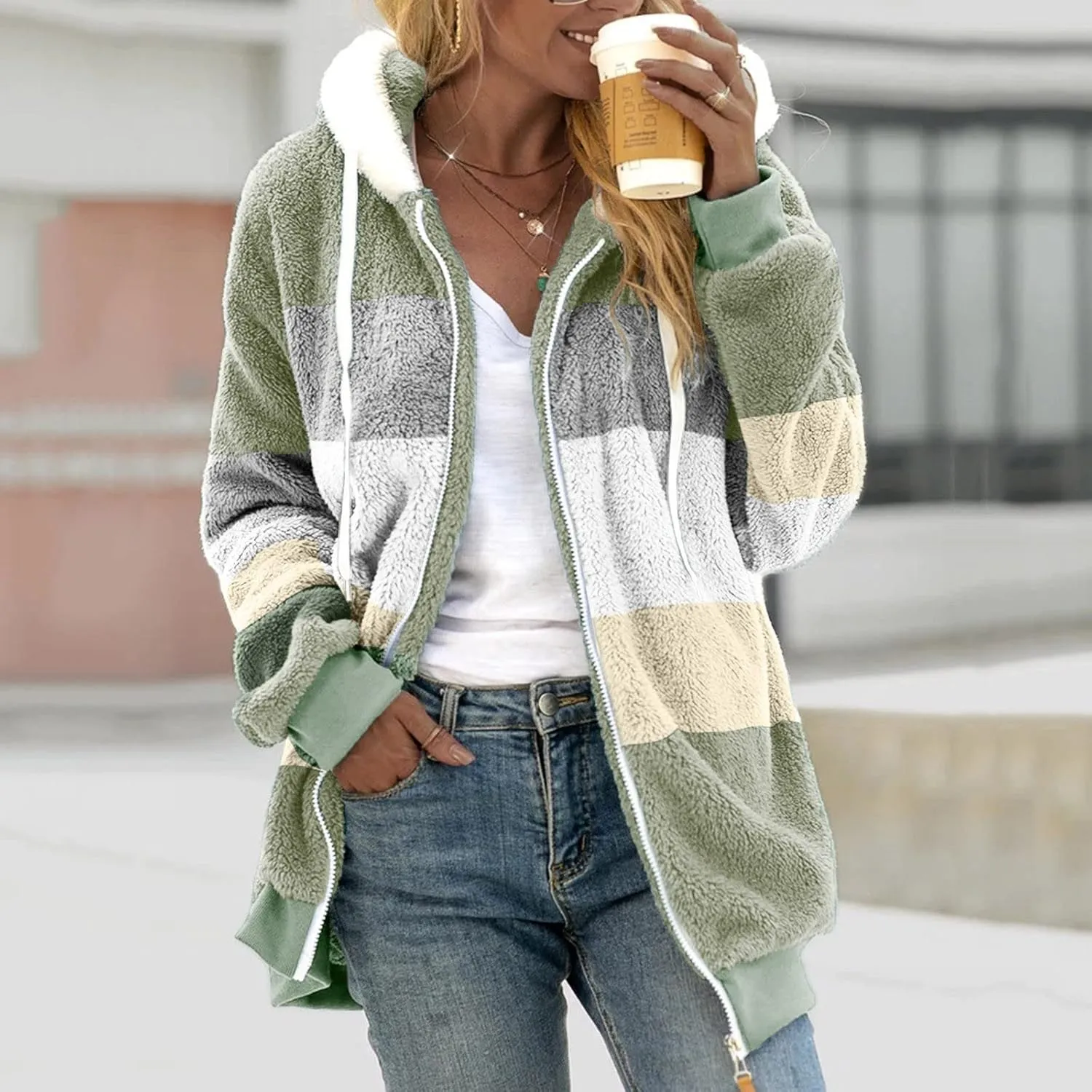 LCMTWX Womens Winter Fuzzy Fleece Jacket Color Artificial Wool Zipper Drawstring Long-Sleeved Hoodie Sweater Coat Hooded