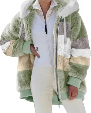 LCMTWX Womens Winter Fuzzy Fleece Jacket Color Artificial Wool Zipper Drawstring Long-Sleeved Hoodie Sweater Coat Hooded