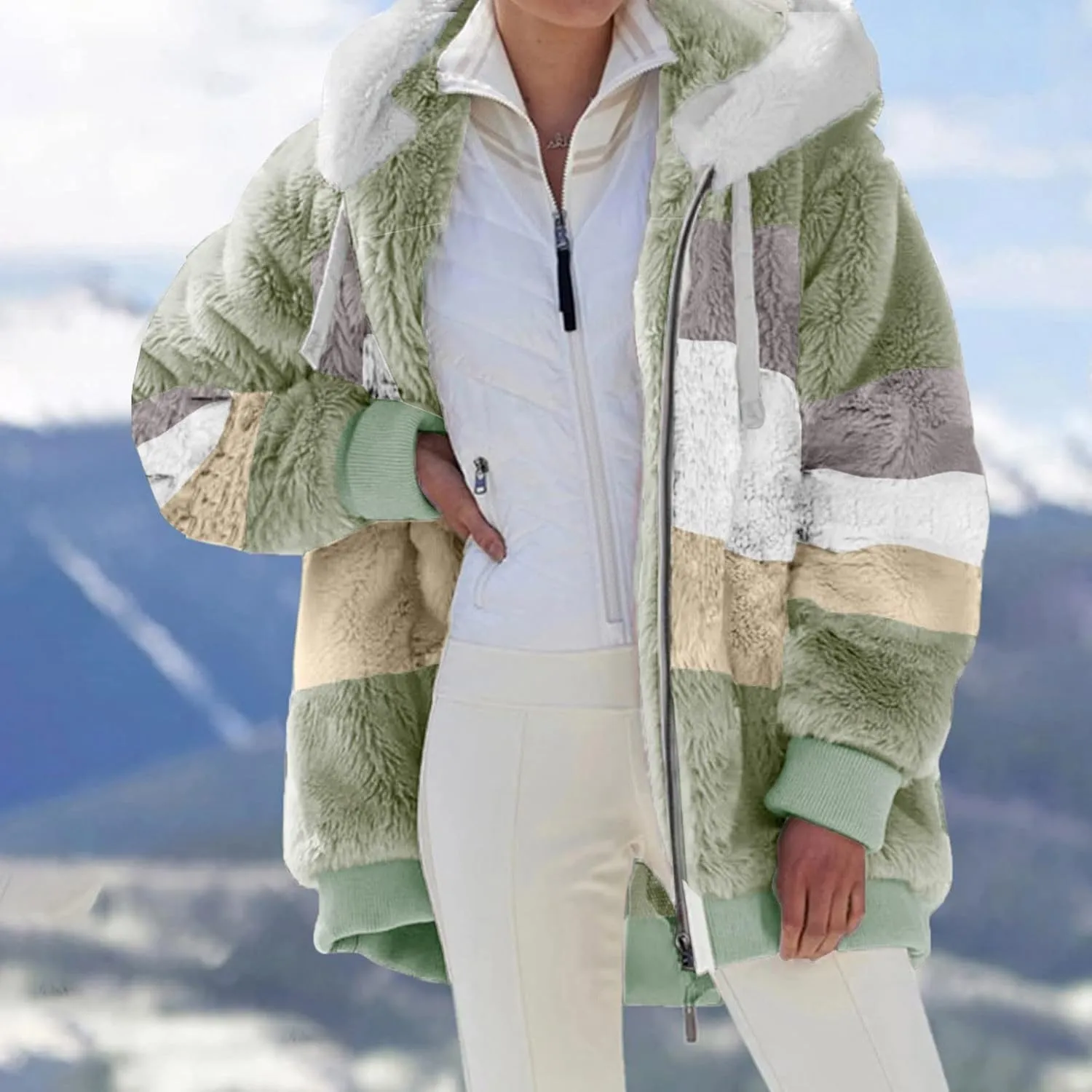 LCMTWX Womens Winter Fuzzy Fleece Jacket Color Artificial Wool Zipper Drawstring Long-Sleeved Hoodie Sweater Coat Hooded