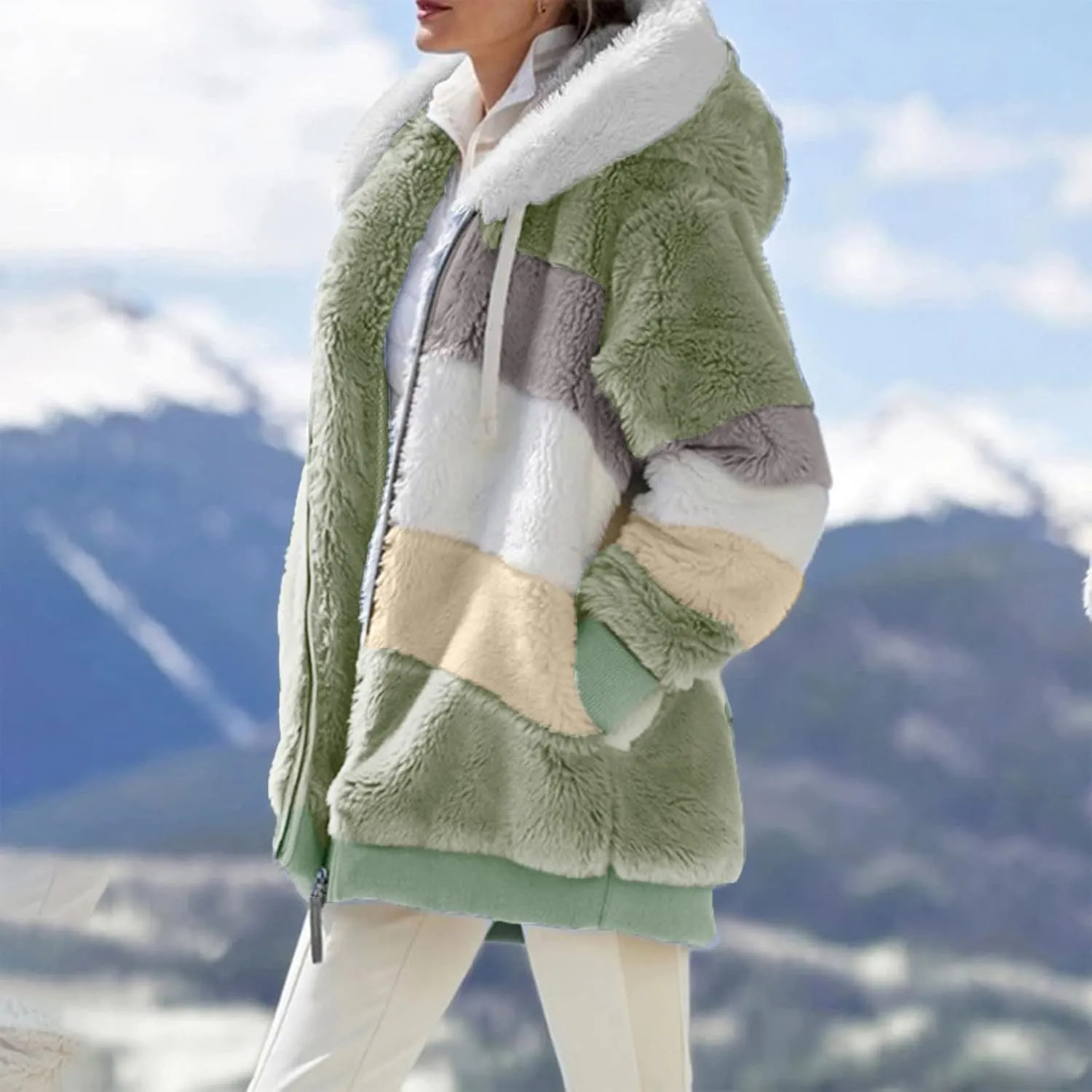LCMTWX Womens Winter Fuzzy Fleece Jacket Color Artificial Wool Zipper Drawstring Long-Sleeved Hoodie Sweater Coat Hooded