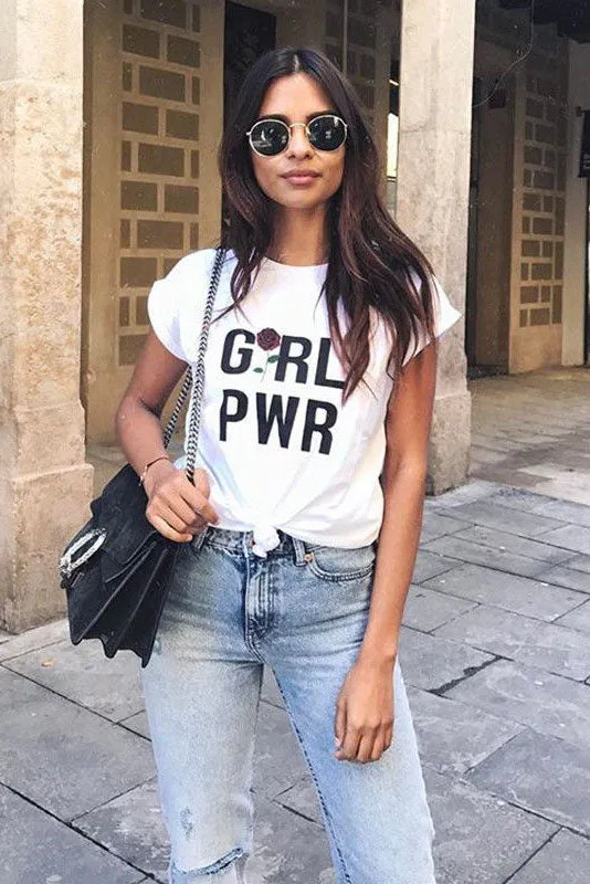 Letter Flower Print Short Sleeves T-shirt