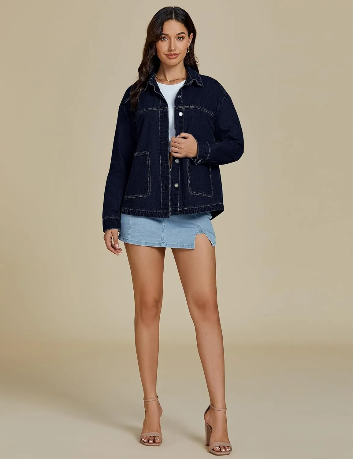 luvamia Denim Jackets for Women Trendy Oversized Long Sleeve Button Down Jean Jacket Casual Shacket with Patch Pockets