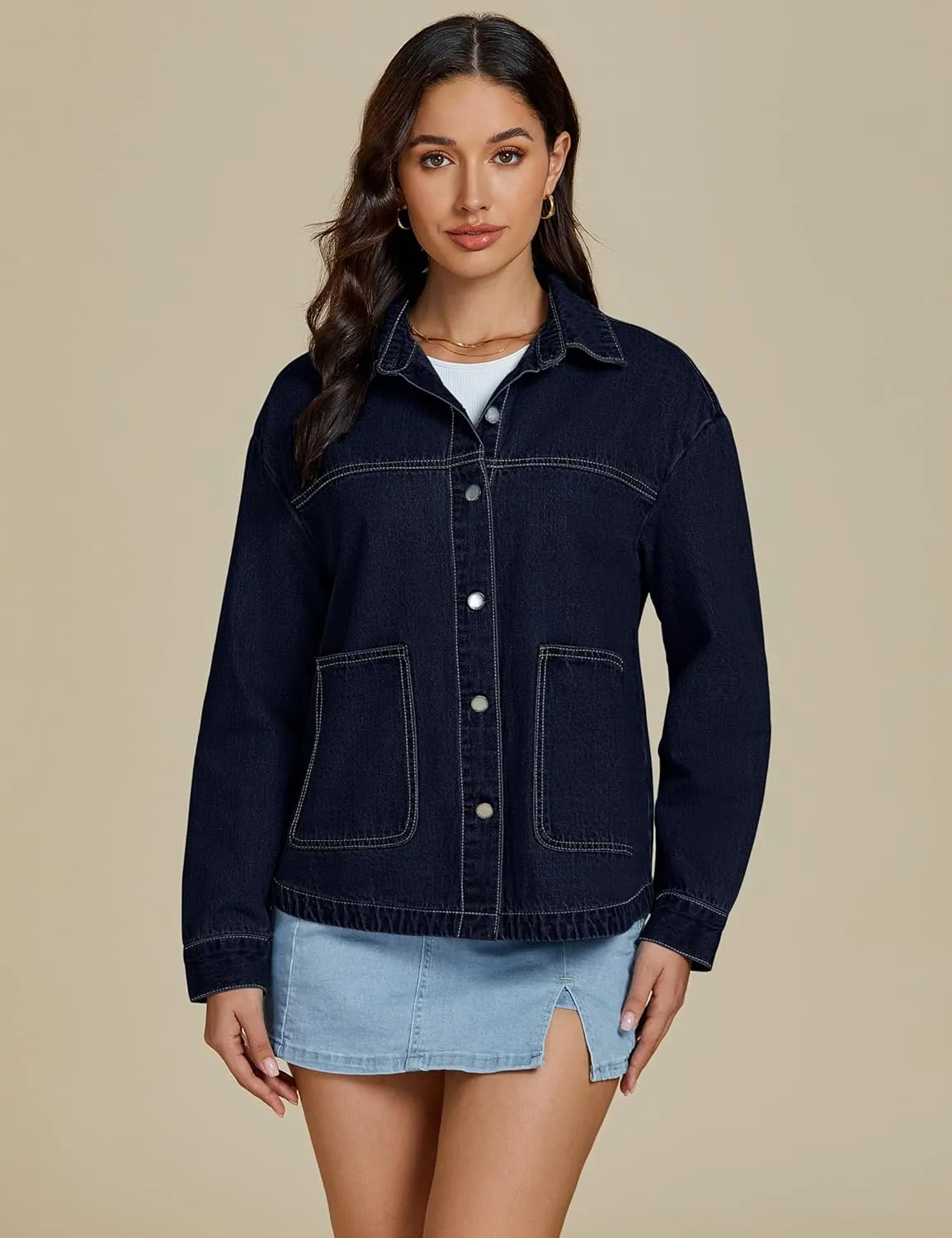 luvamia Denim Jackets for Women Trendy Oversized Long Sleeve Button Down Jean Jacket Casual Shacket with Patch Pockets
