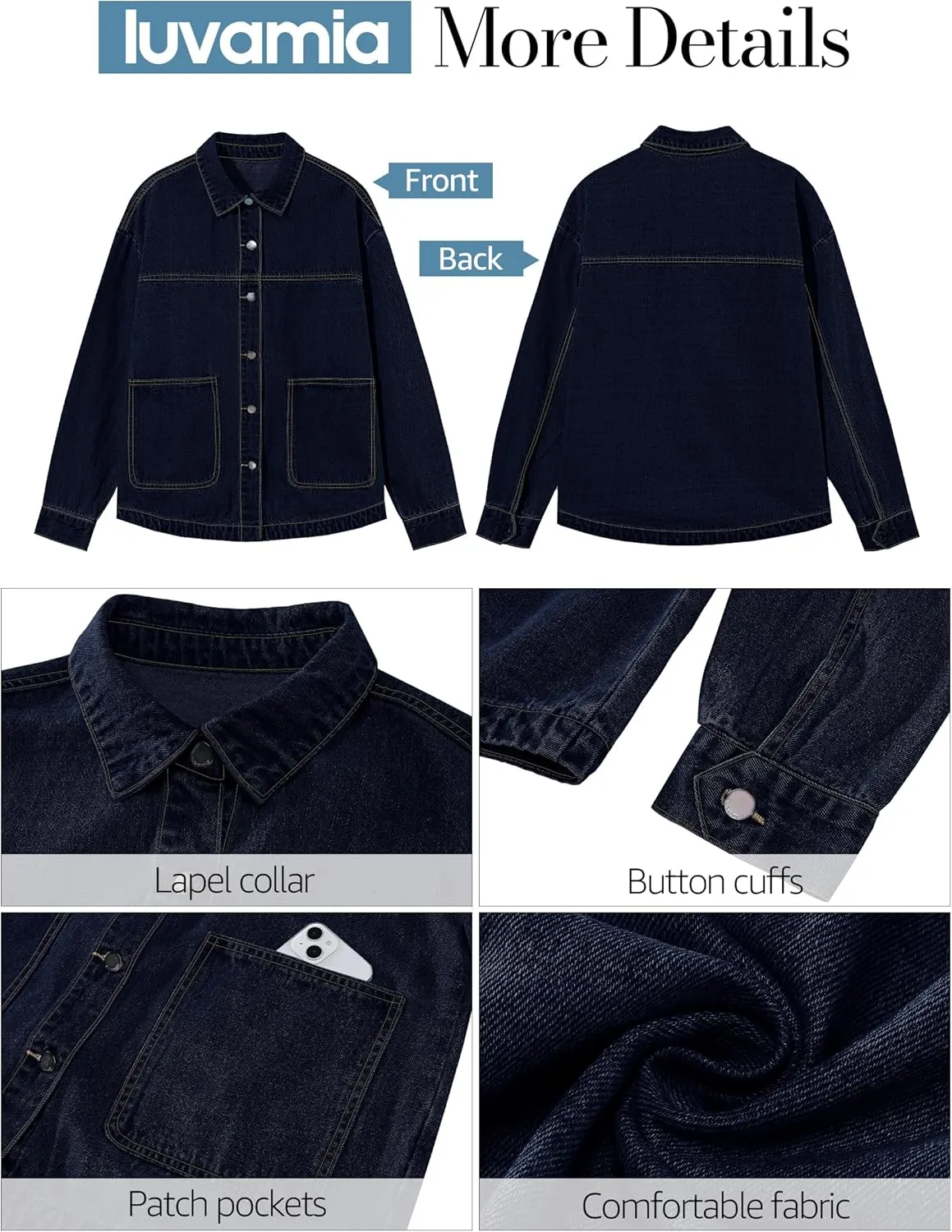 luvamia Denim Jackets for Women Trendy Oversized Long Sleeve Button Down Jean Jacket Casual Shacket with Patch Pockets