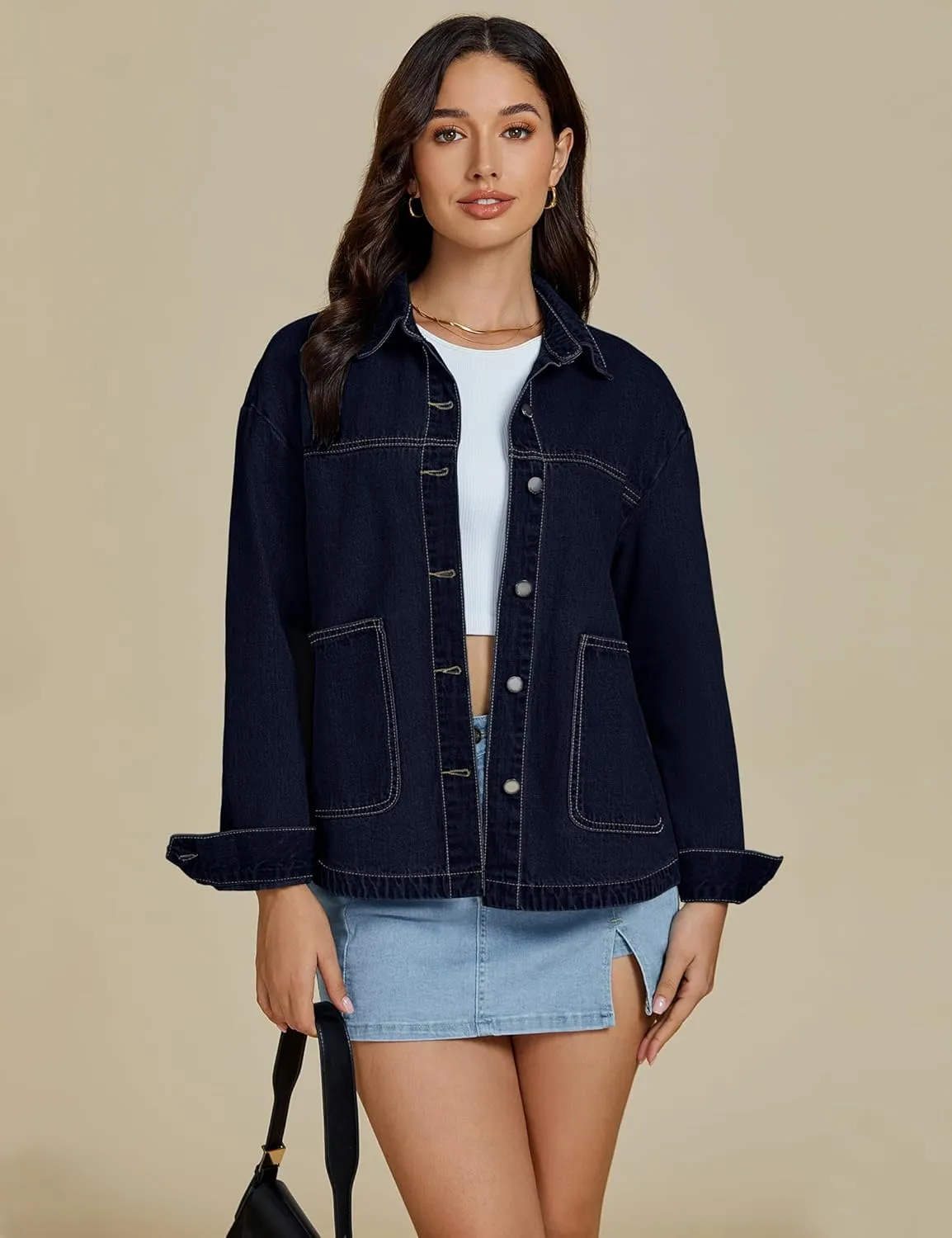 luvamia Denim Jackets for Women Trendy Oversized Long Sleeve Button Down Jean Jacket Casual Shacket with Patch Pockets