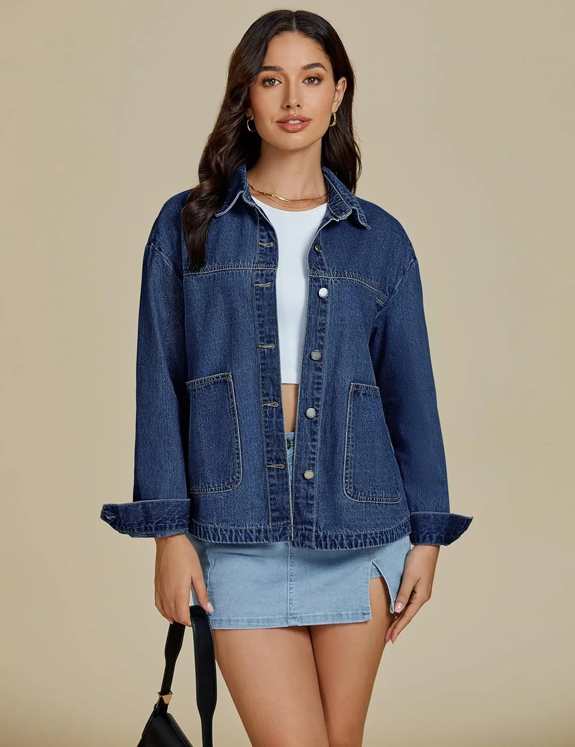 luvamia Denim Jackets for Women Trendy Oversized Long Sleeve Button Down Jean Jacket Casual Shacket with Patch Pockets