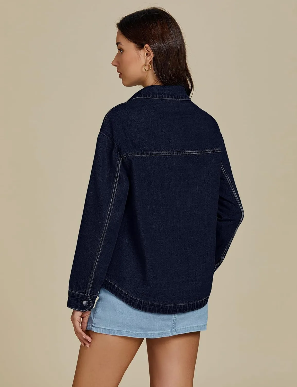 luvamia Denim Jackets for Women Trendy Oversized Long Sleeve Button Down Jean Jacket Casual Shacket with Patch Pockets