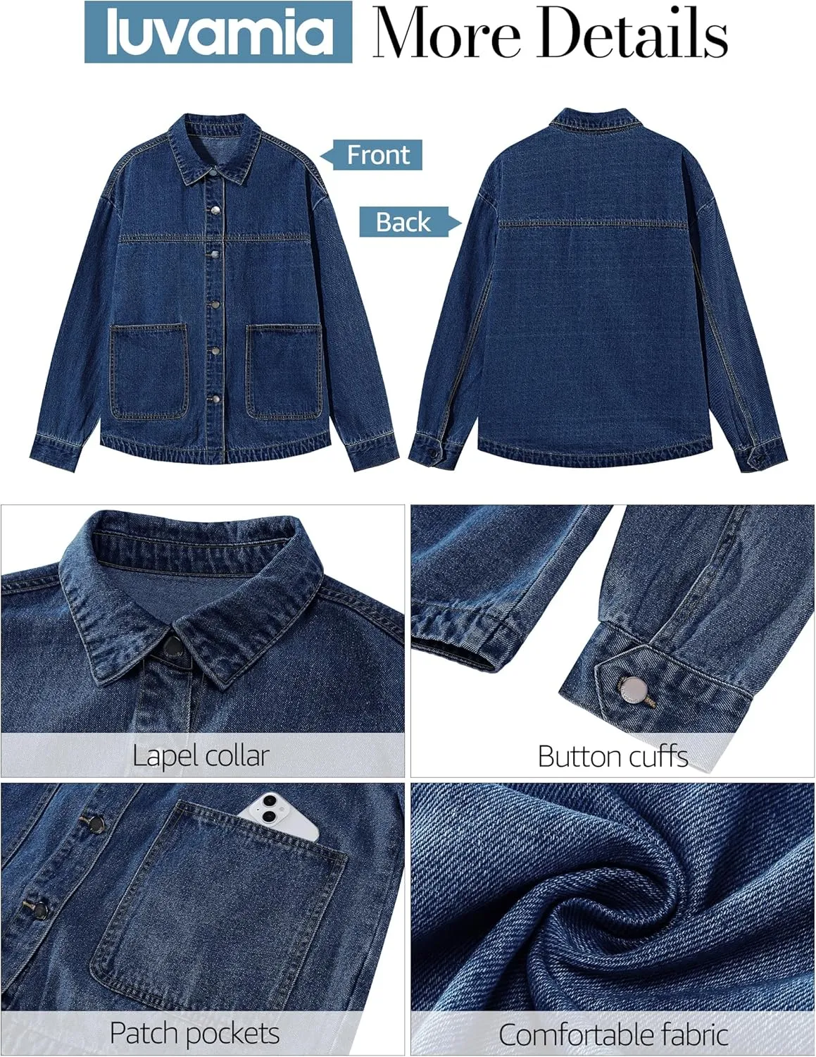 luvamia Denim Jackets for Women Trendy Oversized Long Sleeve Button Down Jean Jacket Casual Shacket with Patch Pockets