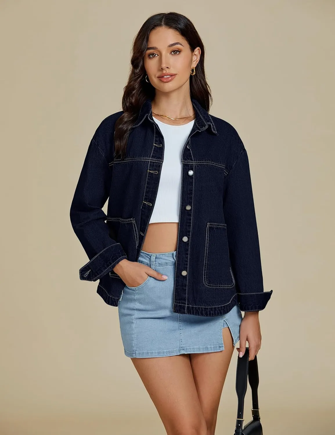 luvamia Denim Jackets for Women Trendy Oversized Long Sleeve Button Down Jean Jacket Casual Shacket with Patch Pockets