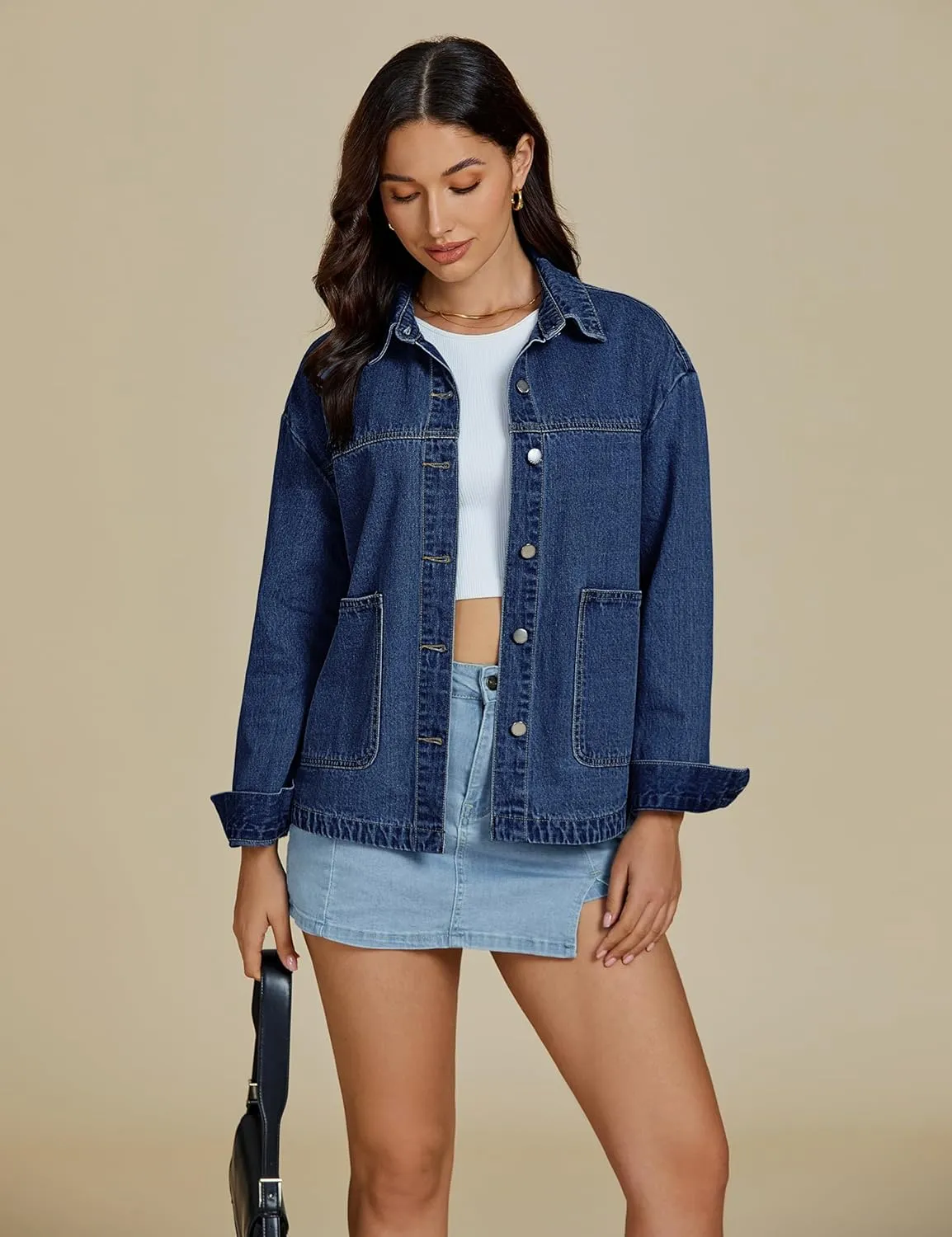 luvamia Denim Jackets for Women Trendy Oversized Long Sleeve Button Down Jean Jacket Casual Shacket with Patch Pockets