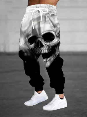 Men's Halloween Themed Skull Graphic Jogger Pants with Drawstring, Casual Sports Trousers as Gift
