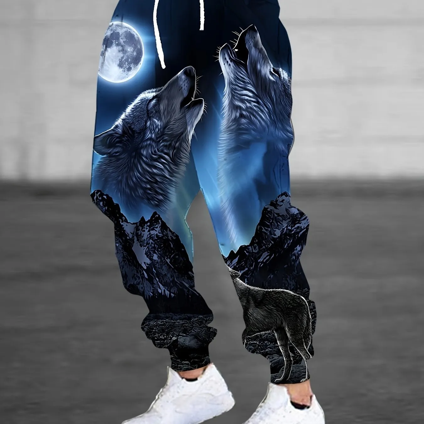 Men's Roaring Wolves & Moon Print Jogger Pants With Drawstring, Casual Sports Trousers As Gift