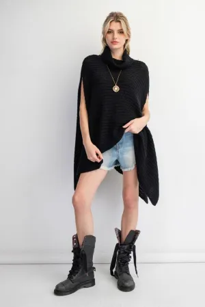 Mock Neck Knitted Poncho Sweater