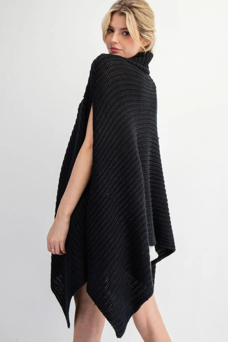 Mock Neck Knitted Poncho Sweater