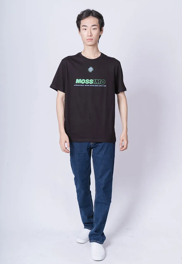 Modern Fit Black Basic Round Neck Tee with Flat Print