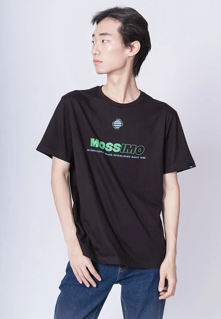 Modern Fit Black Basic Round Neck Tee with Flat Print