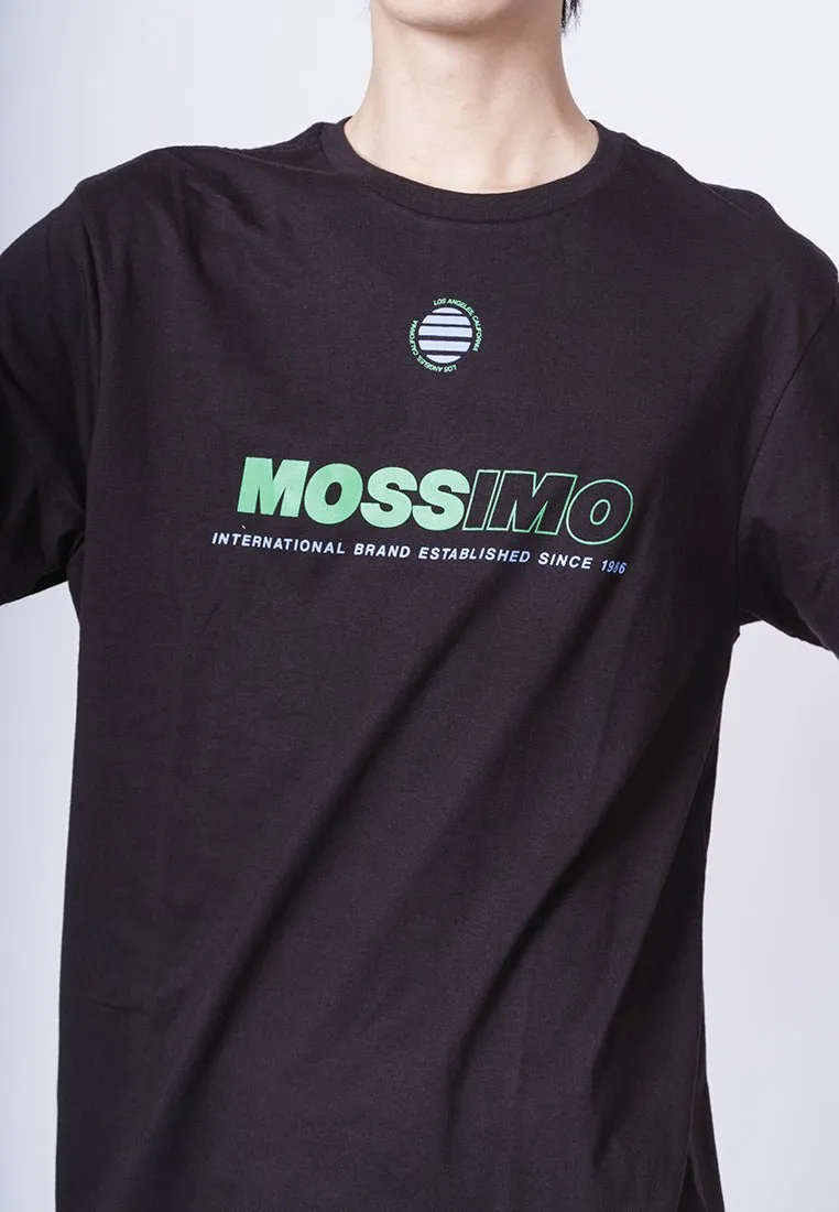 Modern Fit Black Basic Round Neck Tee with Flat Print