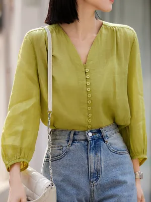 Molly Elegant Puff Sleeve Loose Shirt-Green