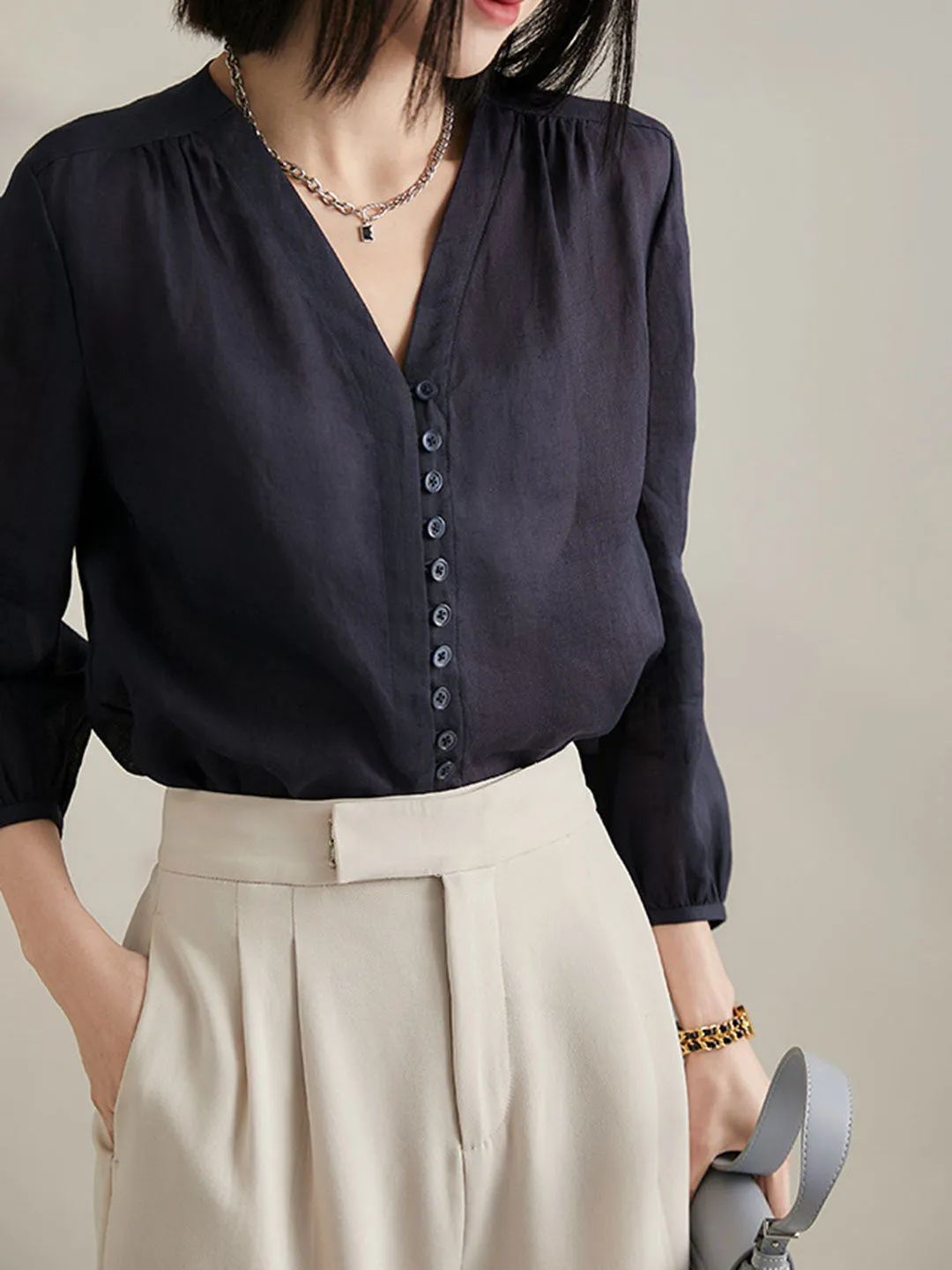 Molly Elegant Puff Sleeve Loose Shirt-Green