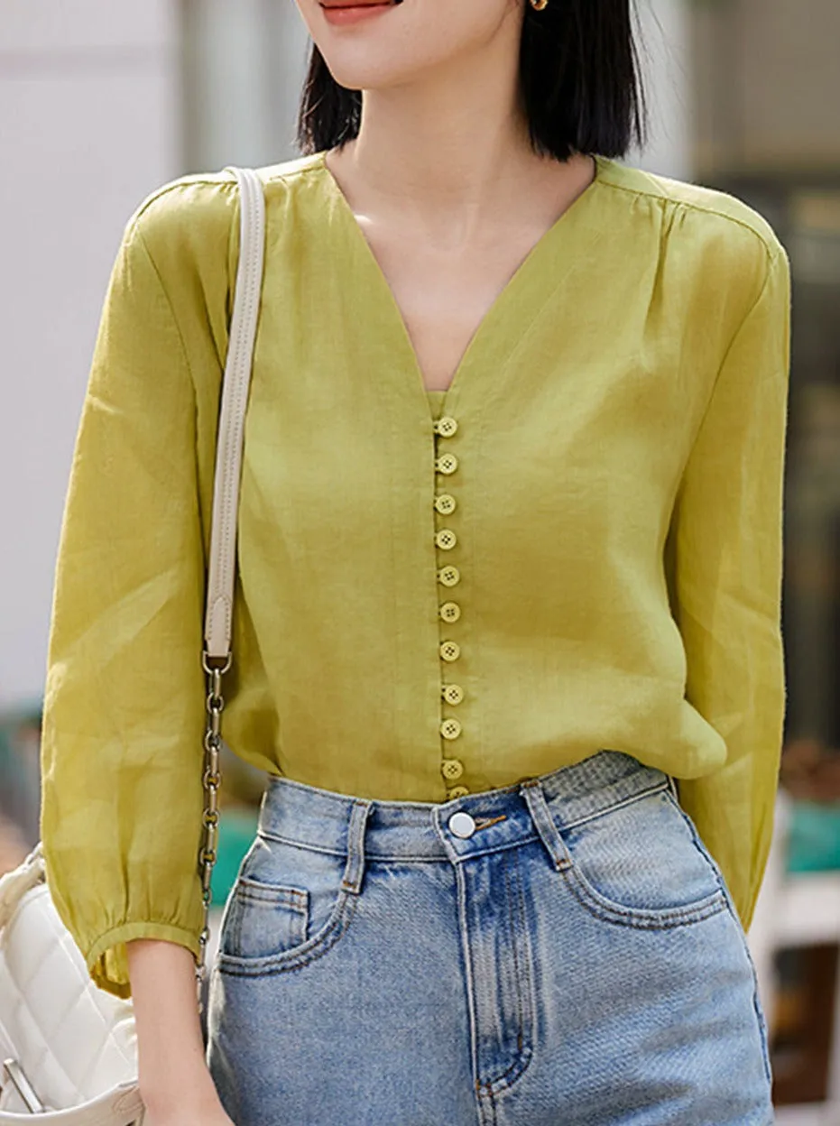 Molly Elegant Puff Sleeve Loose Shirt-Green