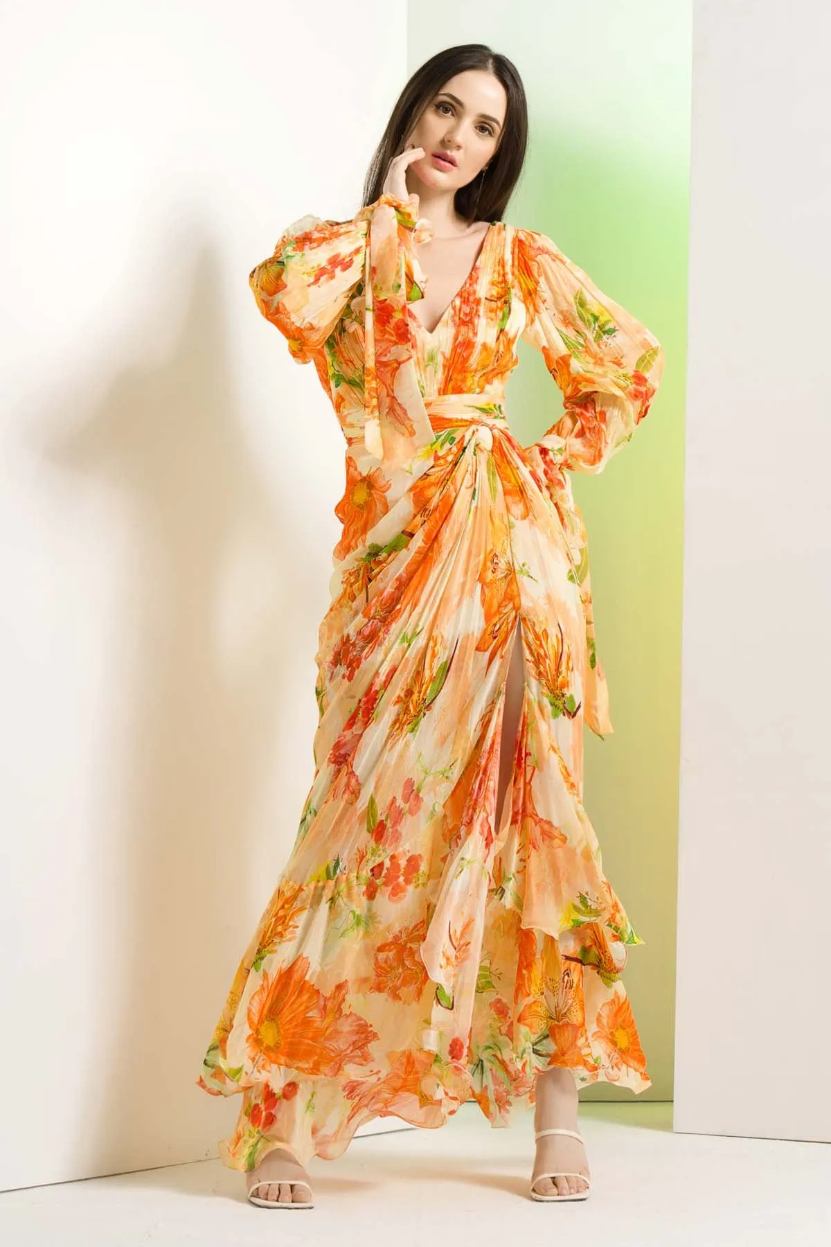 Orange Chiffon Floral Dress