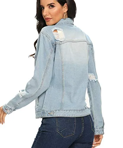 PEIQI Classic Jean Jackets for Women Basic Long Sleeve Button Downs Ripped Denim Jackets Light Blue X-Small