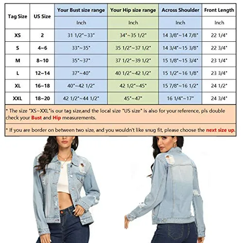 PEIQI Classic Jean Jackets for Women Basic Long Sleeve Button Downs Ripped Denim Jackets Light Blue X-Small