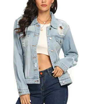 PEIQI Classic Jean Jackets for Women Basic Long Sleeve Button Downs Ripped Denim Jackets Light Blue X-Small
