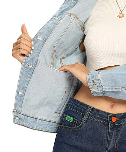 PEIQI Classic Jean Jackets for Women Basic Long Sleeve Button Downs Ripped Denim Jackets Light Blue X-Small