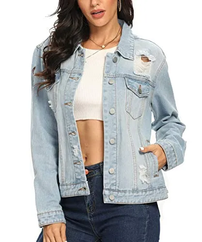 PEIQI Classic Jean Jackets for Women Basic Long Sleeve Button Downs Ripped Denim Jackets Light Blue X-Small