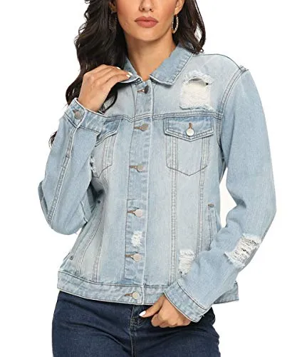 PEIQI Classic Jean Jackets for Women Basic Long Sleeve Button Downs Ripped Denim Jackets Light Blue X-Small