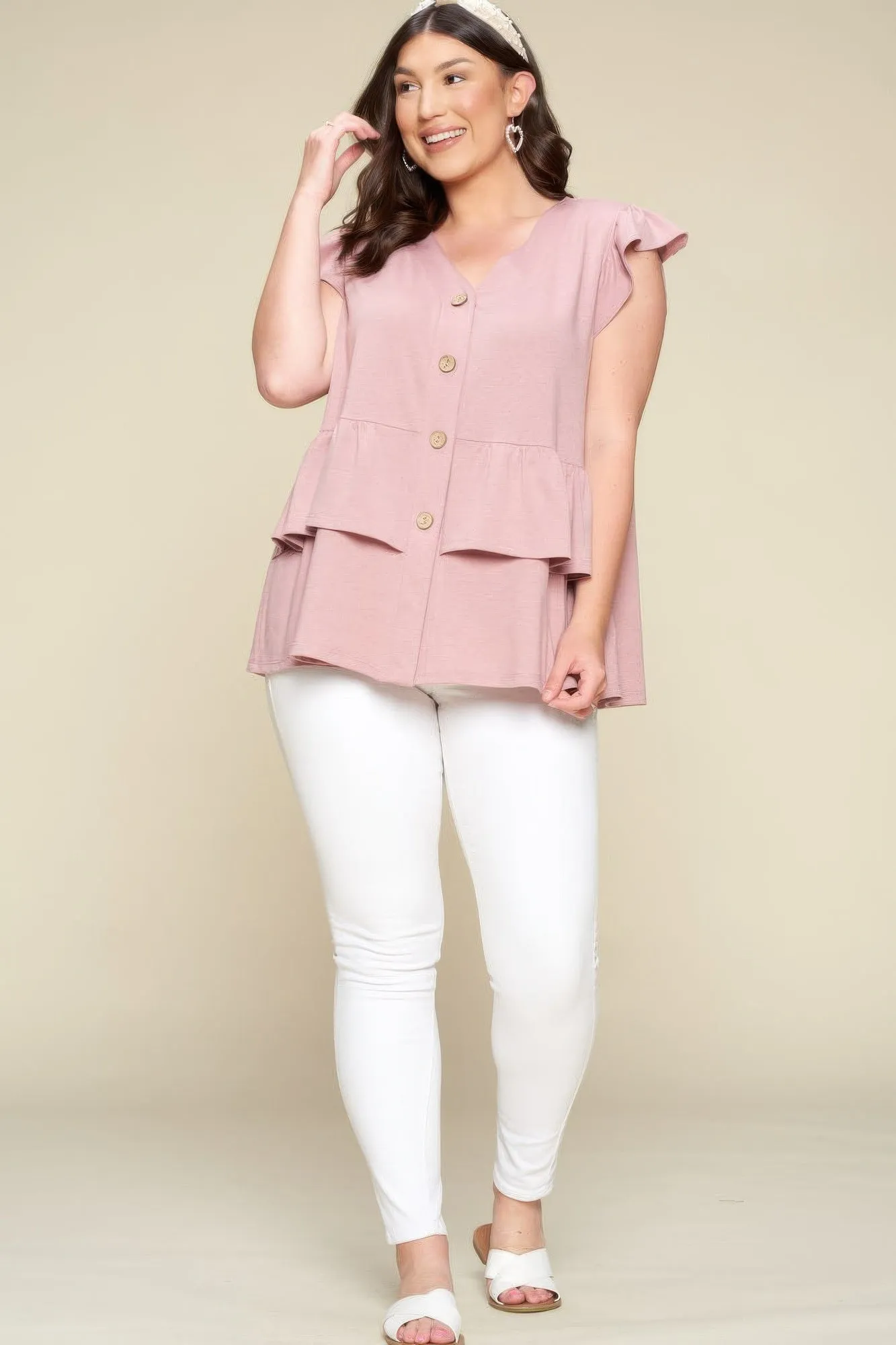 Plus Size Solid Button Flutter Sleeve Top