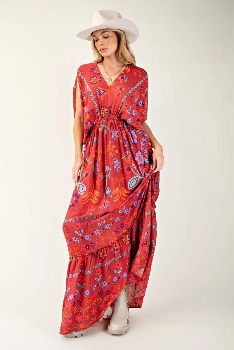 Scarlet Floral Print Caftan Maxi Dress