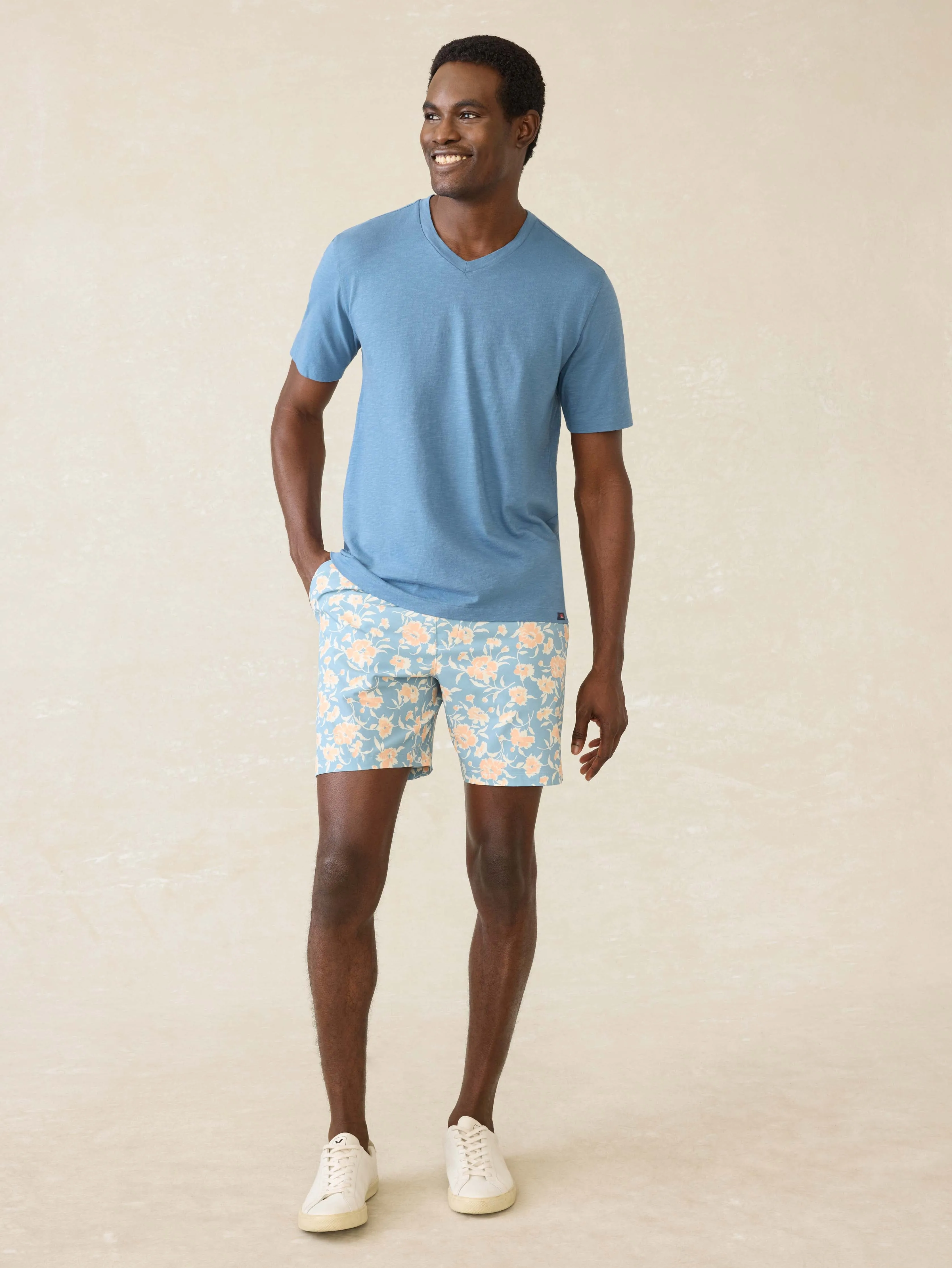 Short-Sleeve Sunwashed Regenerative Cotton V-Neck Tee - Blue Shore