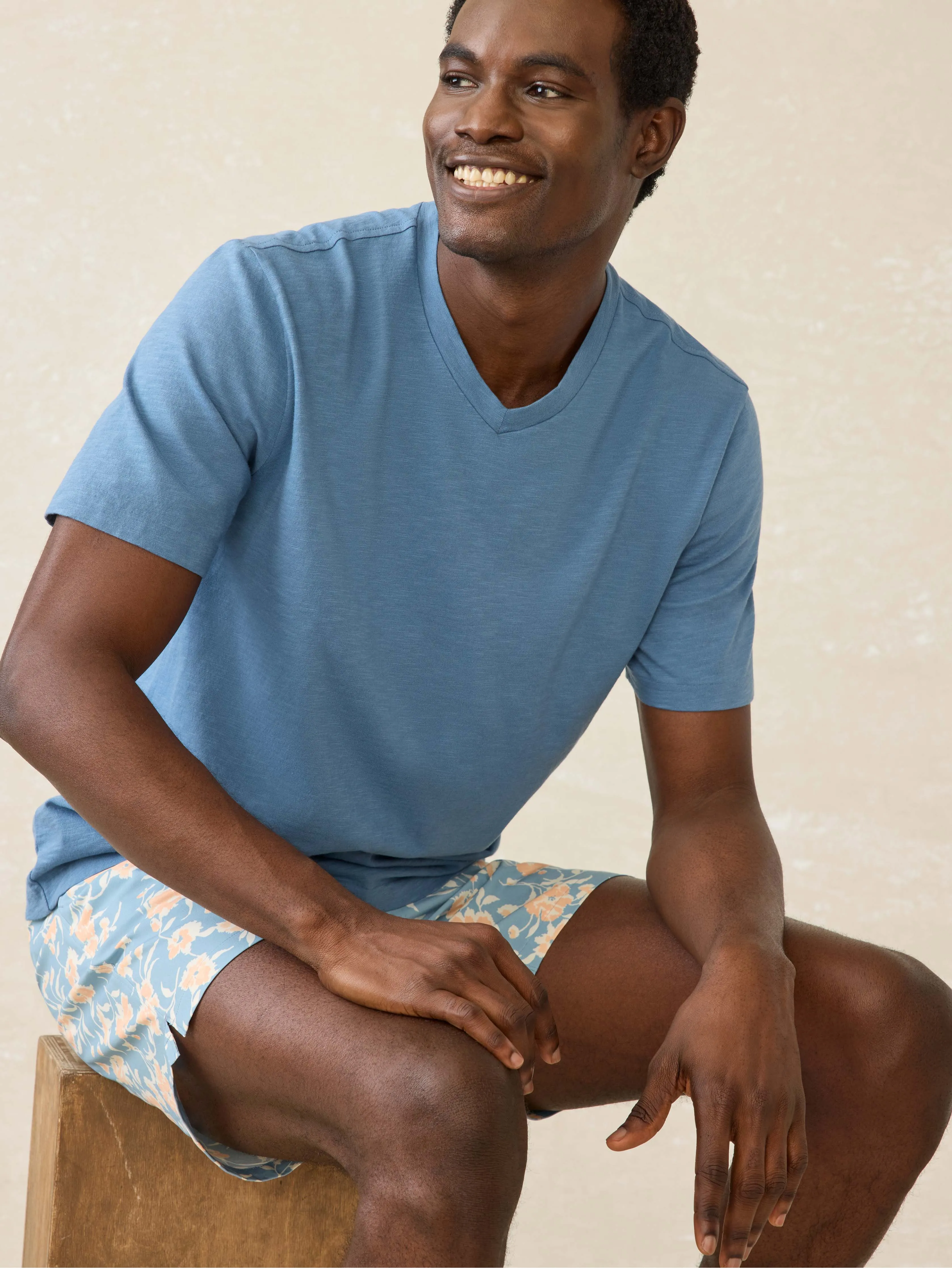 Short-Sleeve Sunwashed Regenerative Cotton V-Neck Tee - Blue Shore