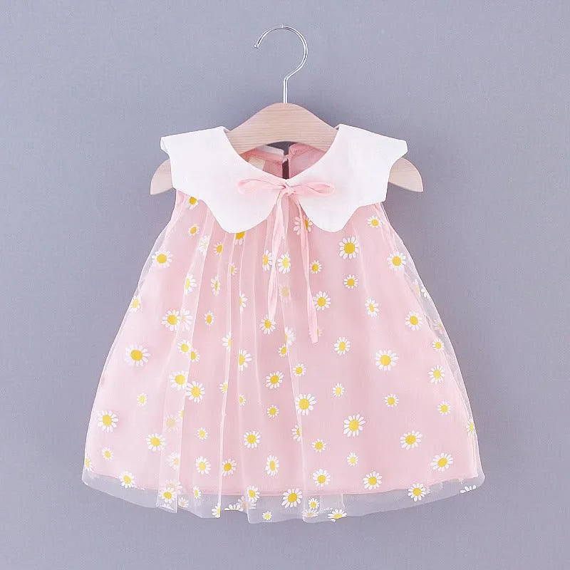 Sweet Style Pure Color Mesh Cute Lapel Sleeveless Children Shirt